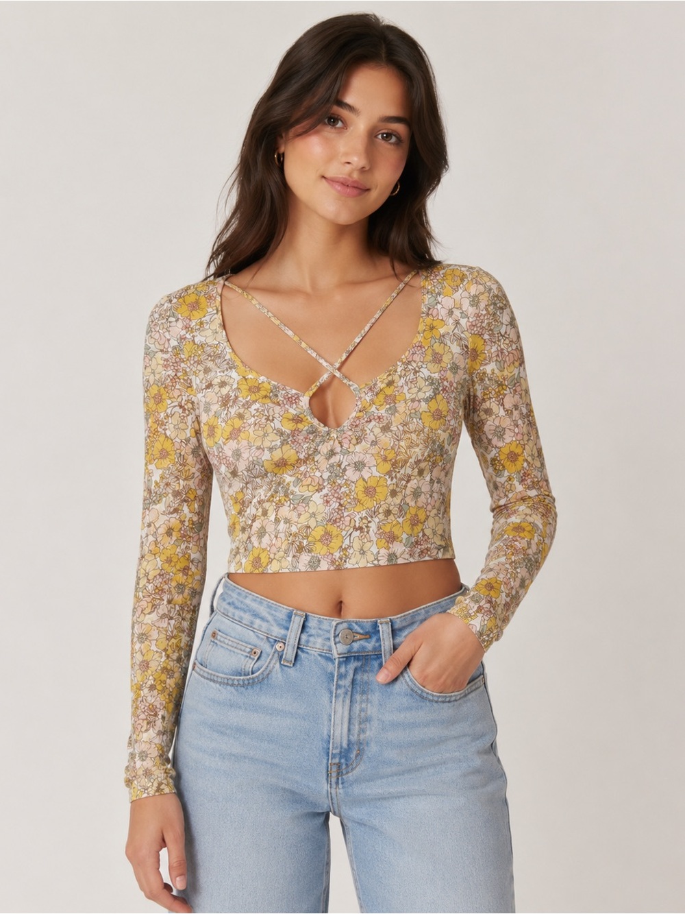 Originality Yellow Floral Long-Sleeve Crisscross Crop Top Size XS